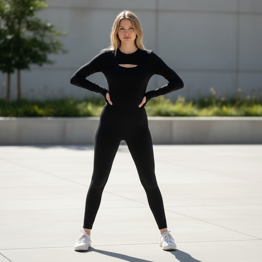FP Movement Free People Black Glitter Long Sleeve Cutout Jumpsuit M/L